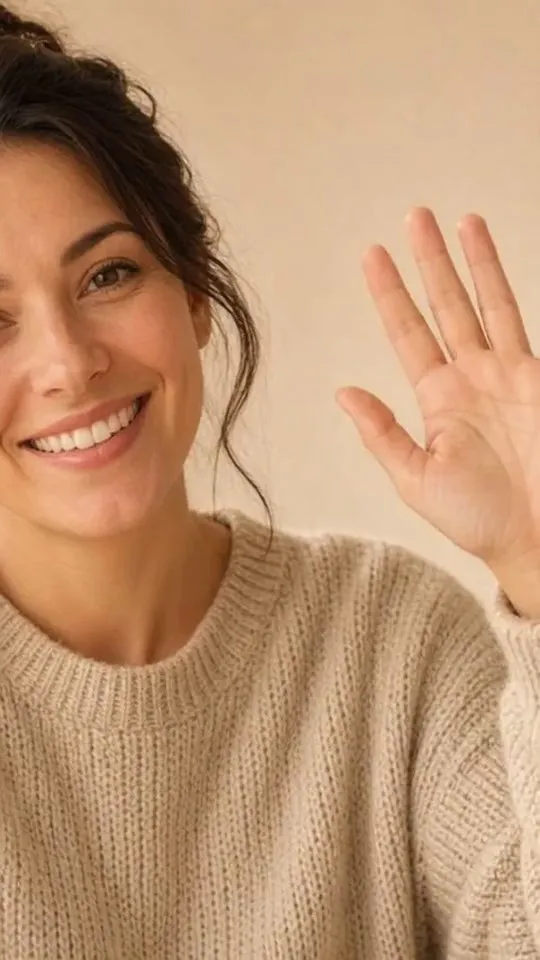 A woman in a white t-shirt waves one hand against a plain grey background