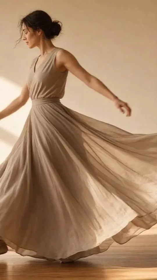 A woman in a black sleeveless dress raises one arm against a plain grey background