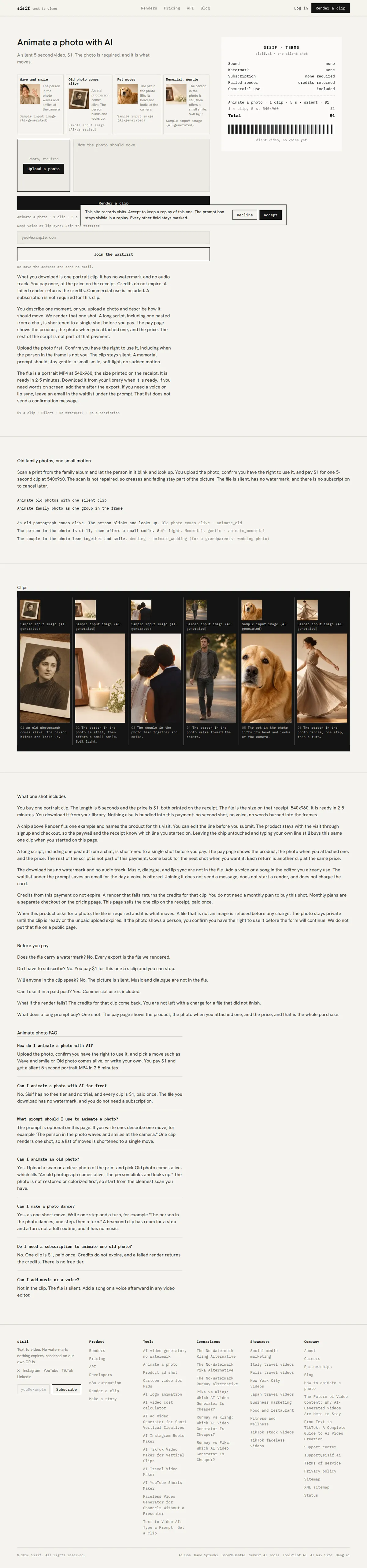 The Animate a photo page, with the upload field, the prompt, and the move chips