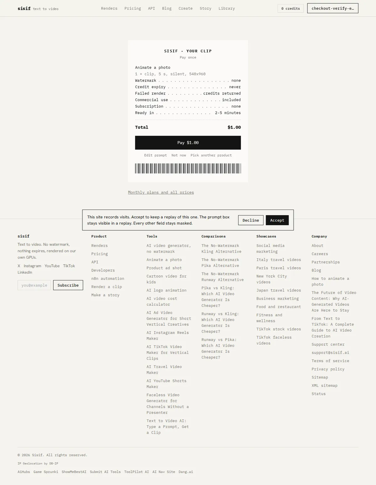Desktop view of the pay button for one clip