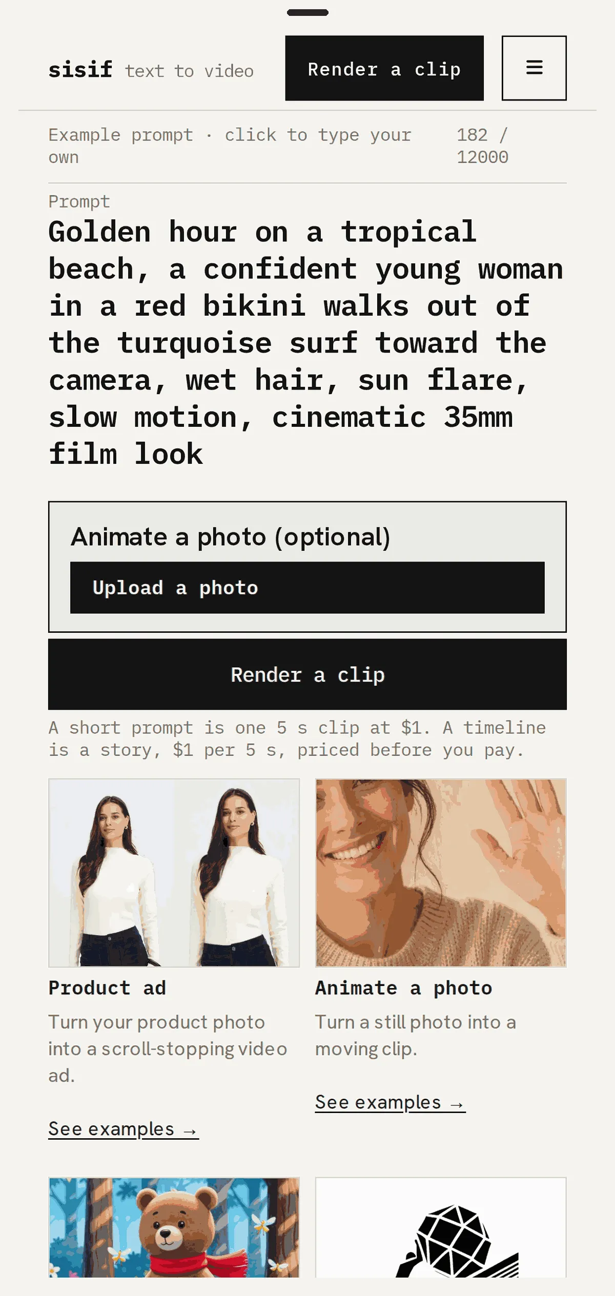 The sisif homepage on a phone: the prompt, a 5 second length, a Render a clip button, and the price beneath it.