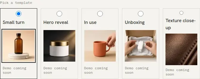 The template picker on the product ads page: Small turn, Hero reveal, In use, Unboxing, and Texture close-up.