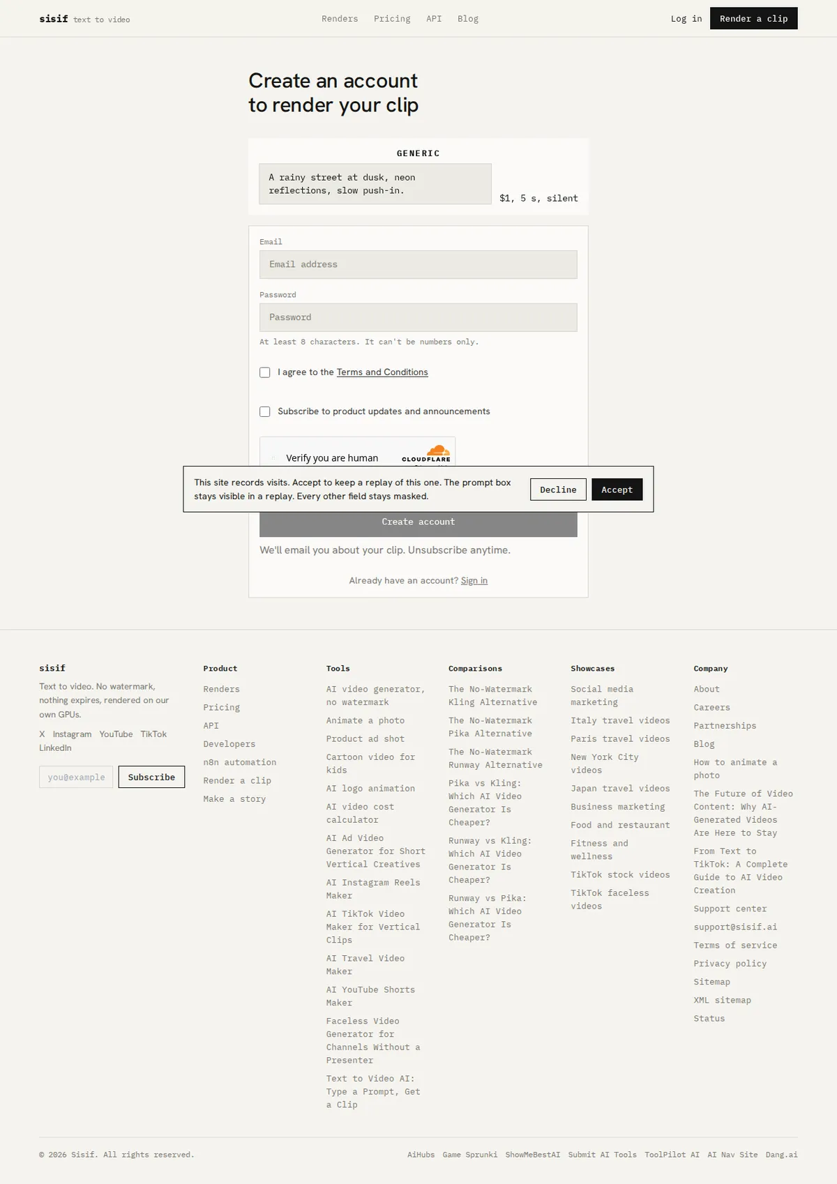 The account page, with email and password fields and a link to sign in