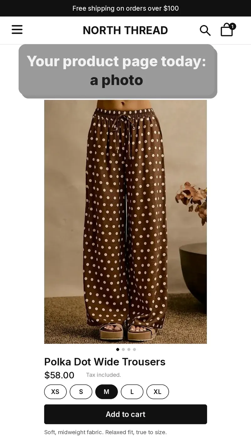 Polka-dot wide-leg pants on a shop page, in a frame from a Sisif clip