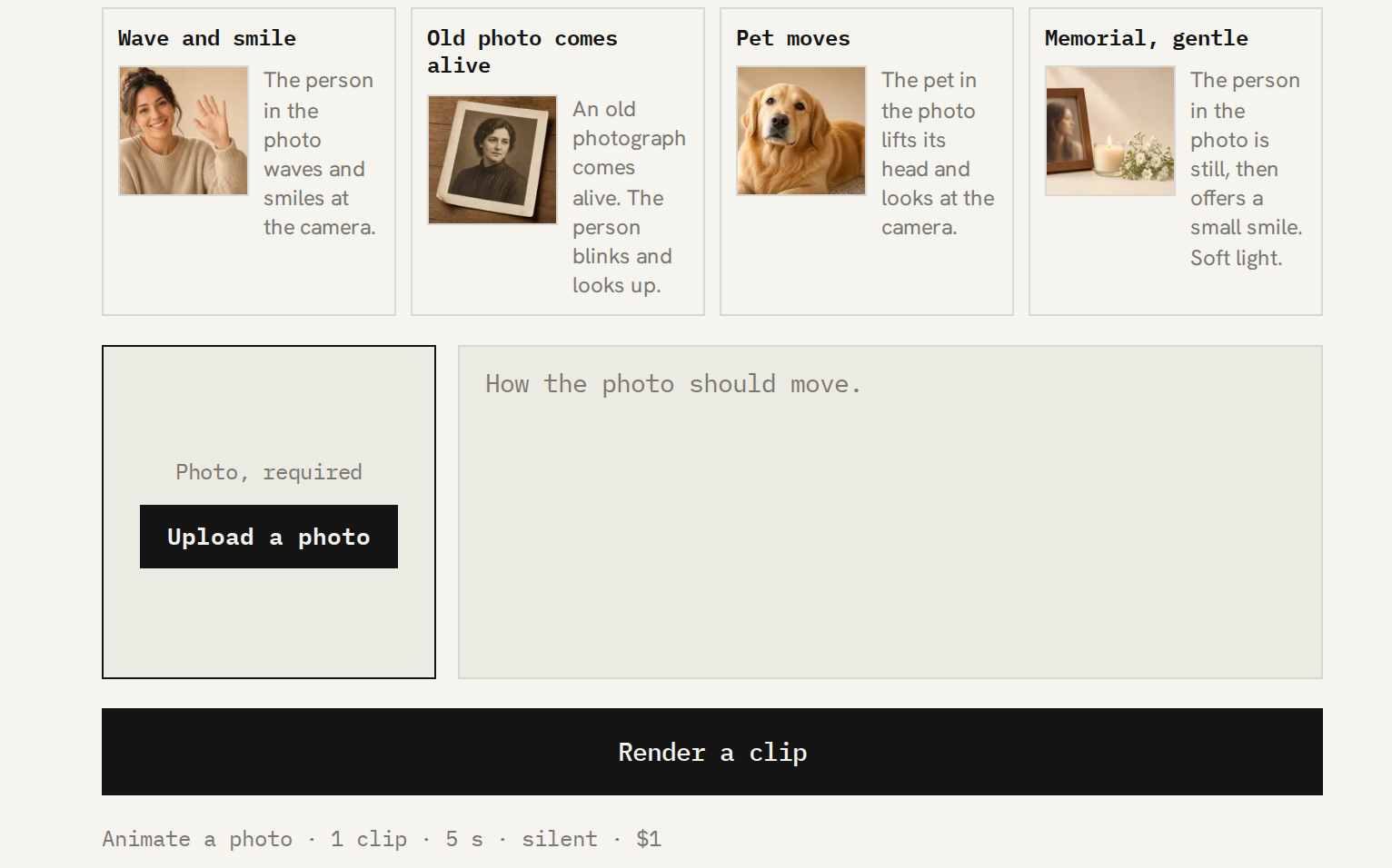 Sisif page crop: motion options, Upload a photo, and Render a clip.