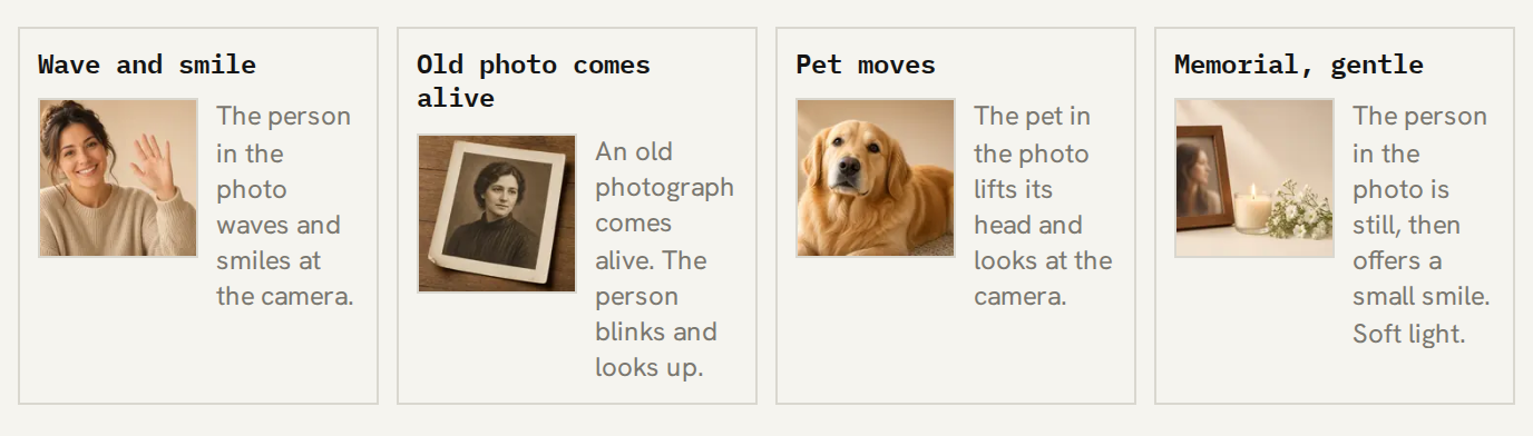 Sisif page crop: motion options Wave and smile, Old photo comes alive, Pet moves, and Memorial, gentle.