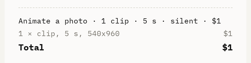 Sisif page crop: the receipt for one animate-a-photo clip.