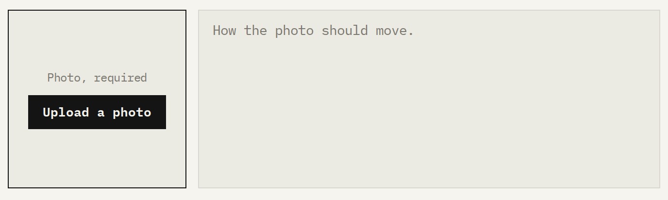 Sisif page crop: Photo, required, Upload a photo, and the prompt How the photo should move.